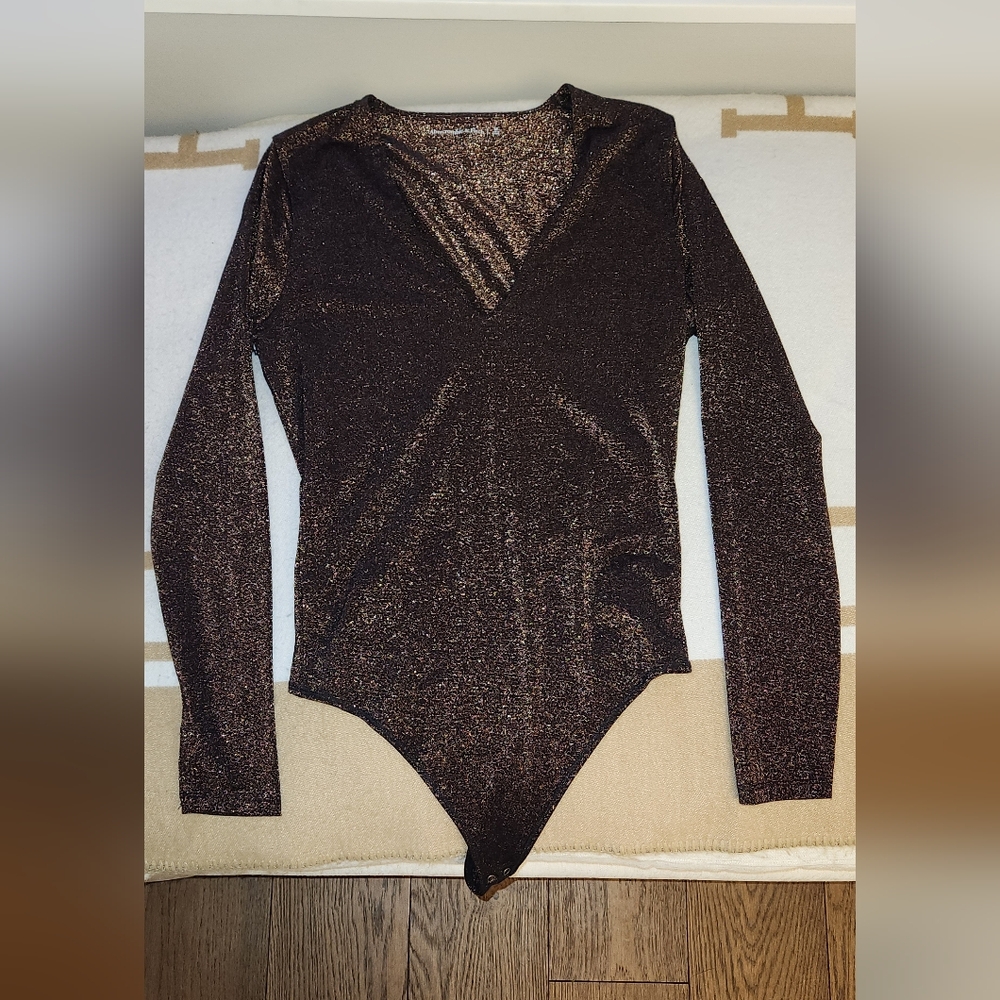 Abercrombie Shimmery Brown Deep V Long Sleeve Bodysuit